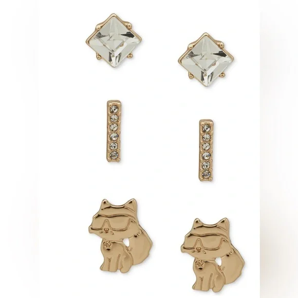 Karl Lagerfeld 3pc Set Crystal & Choupette Stud Earrings - Picture 1 of 6
